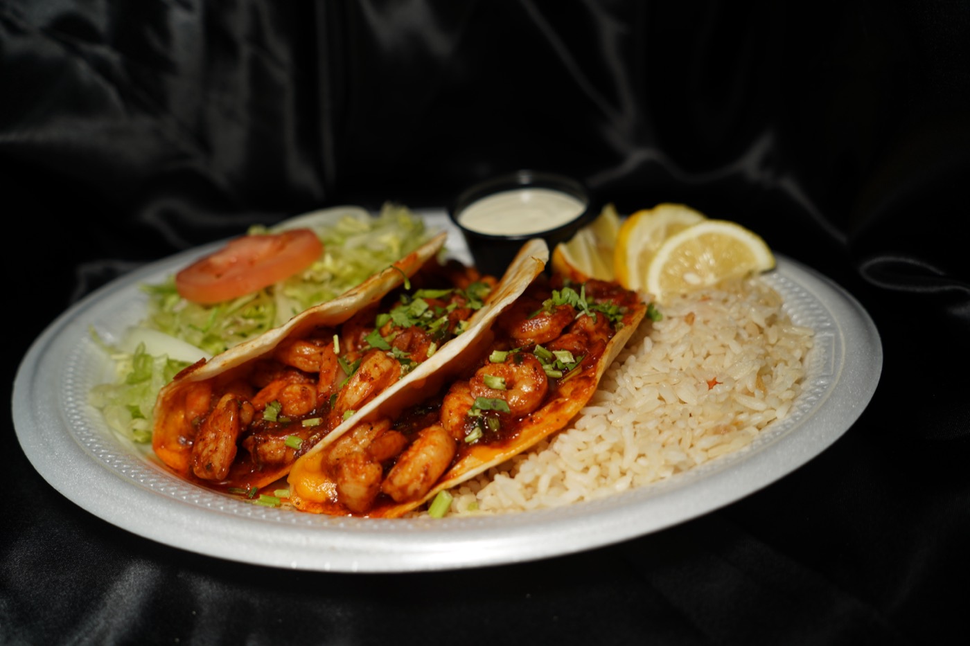 Fish tacos with rice and salad